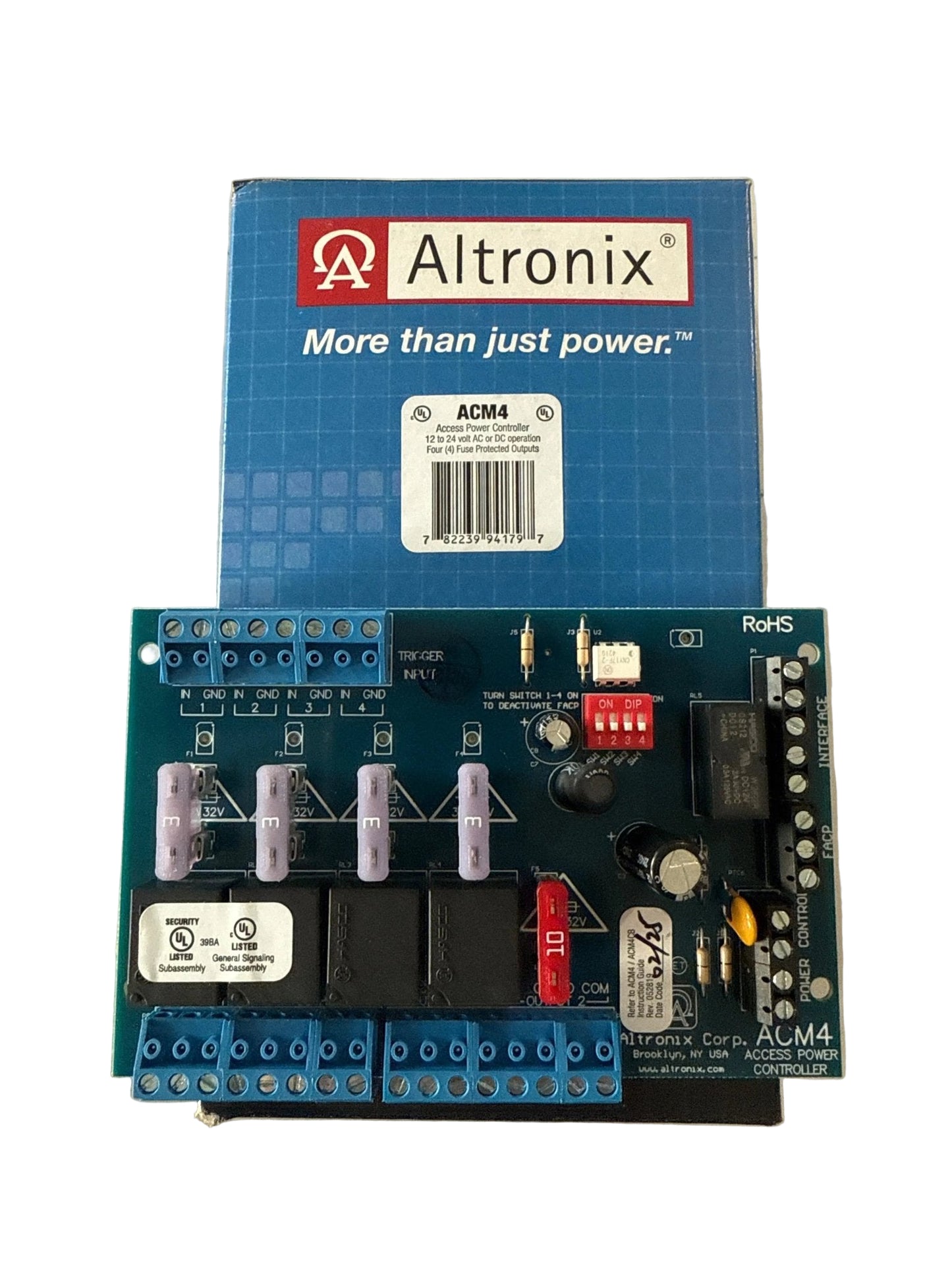 Altronix ACM4 access control power supply and distribution board with four fused outputs, designed for powering door controllers, electric locks, and access control devices in commercial security systems.