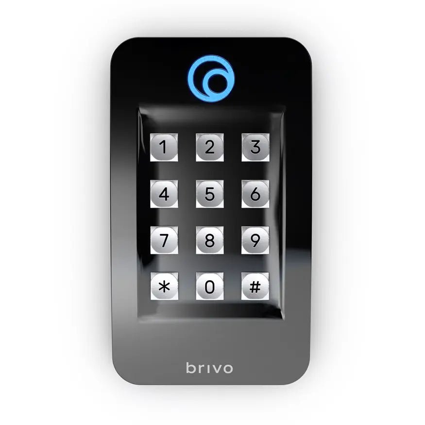 Brivo B-BSPKF-B black OSDP access control reader with keypad, supporting mobile, smart card, and 125 kHz prox credentials for two-factor entry.