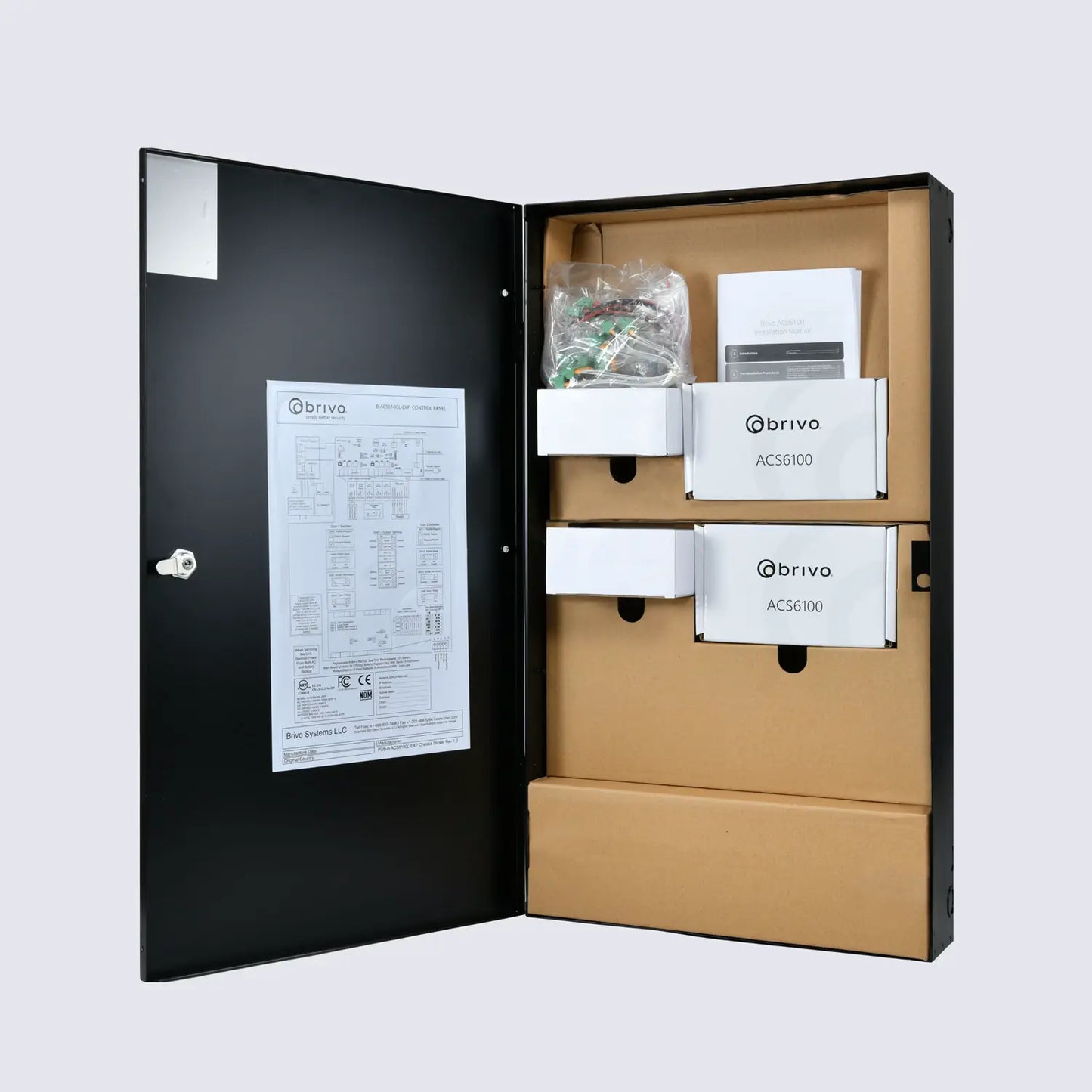 Brivo ACS6100 large expansion enclosure with dual power supplies and battery backup, supports up to eight ACS6100 door/IO boards for enterprise access control installations.