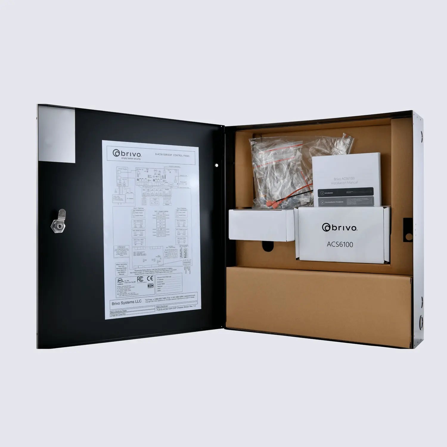 Brivo ACS6100 regular expansion enclosure with power supply and backup battery, supports up to four ACS6100 door/IO boards for professional access control installations.