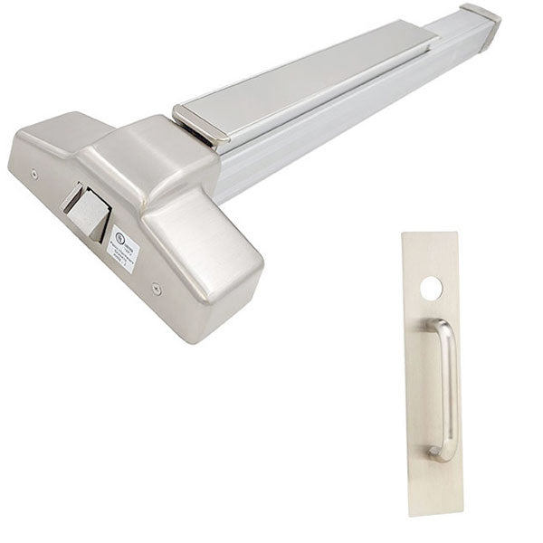 Heavy-duty Grade 1 crash bar 3 foot rim exit device with motorized latch retraction, night latch trim and Schlage cylinder in satin stainless steel