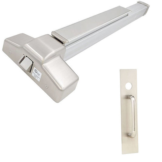 Heavy-duty Grade 1 crash bar 4 foot rim exit device with motorized latch retraction, night latch trim and Schlage cylinder in satin stainless steel